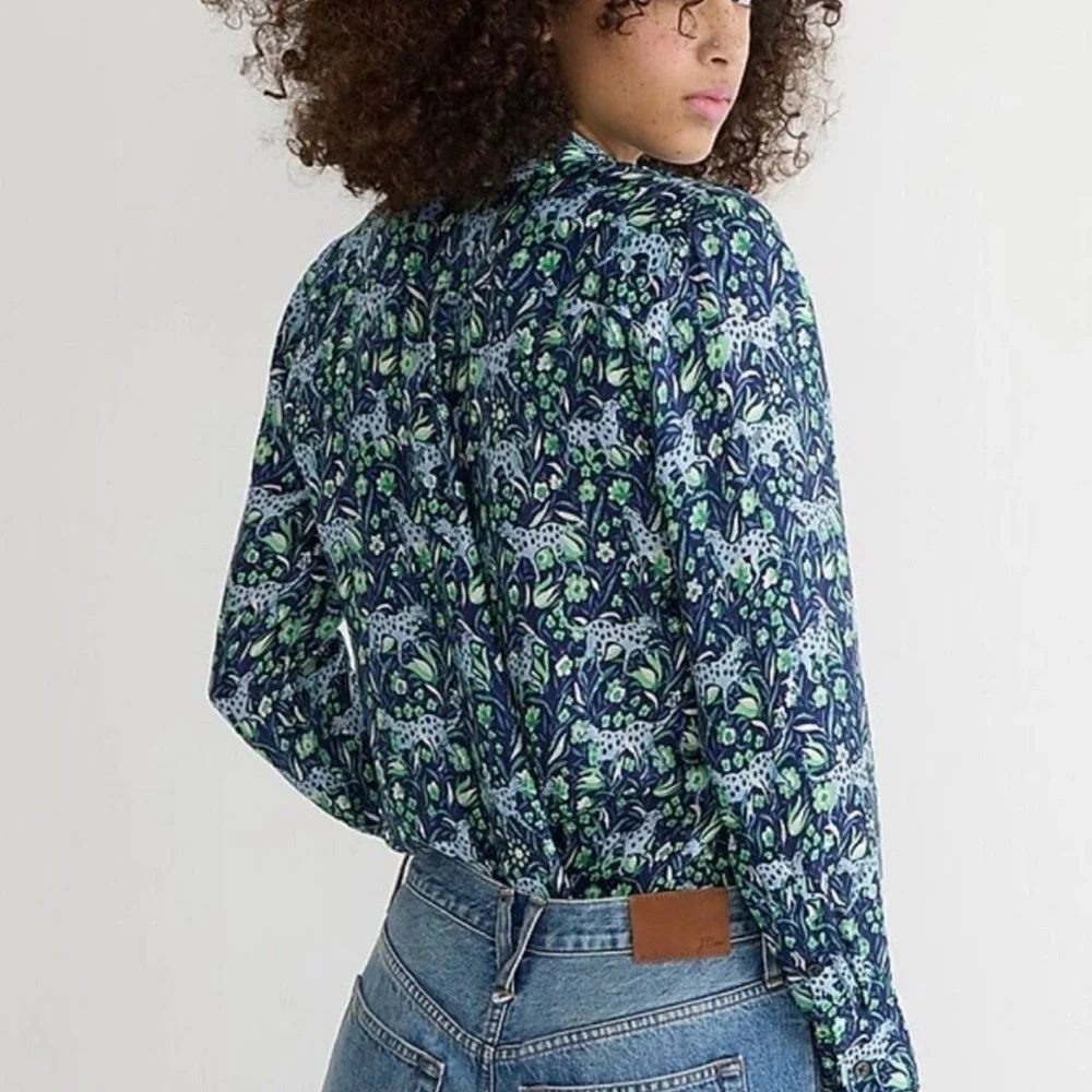 J. Crew blue and green floral leopard button down blouse